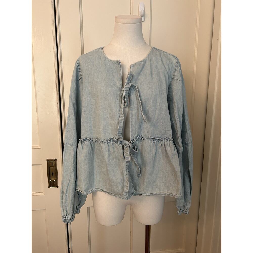 Free People Brunch Babe Self-Tie Denim Jacket Womens Size Large Blue Boho - Picture 3 of 10
